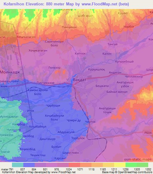 Kofarnihon,Tajikistan Elevation Map