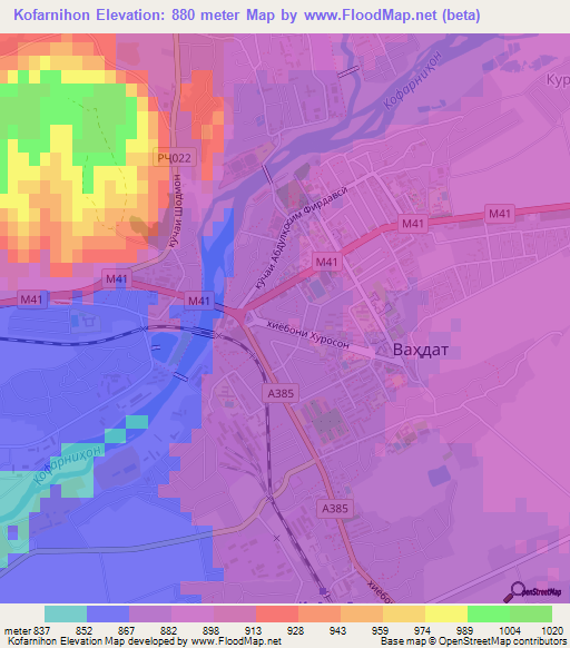 Kofarnihon,Tajikistan Elevation Map