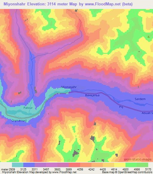 Miyonshahr,Tajikistan Elevation Map