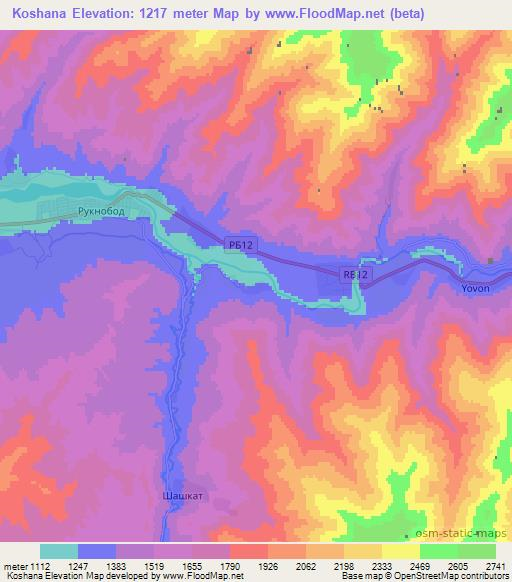 Koshana,Tajikistan Elevation Map