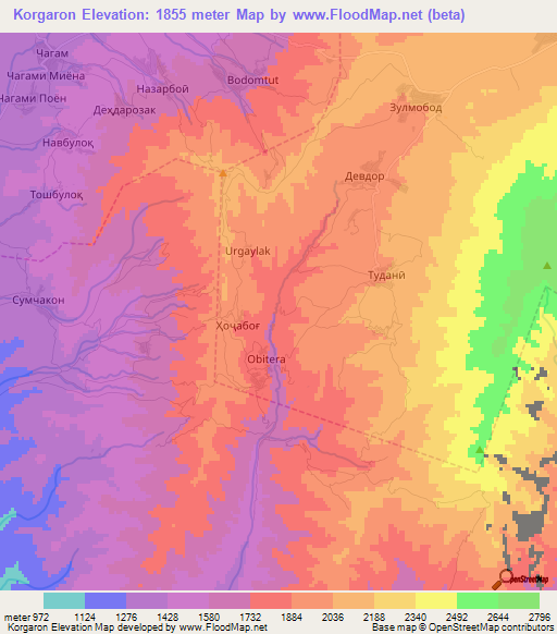Korgaron,Tajikistan Elevation Map
