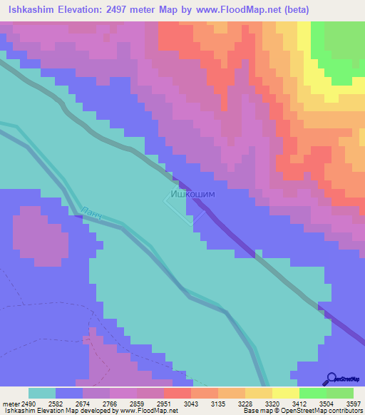 Ishkashim,Tajikistan Elevation Map