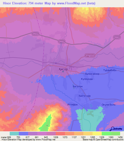 Hisor,Tajikistan Elevation Map