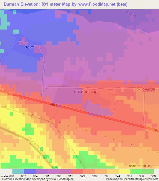 Durman,Tajikistan Elevation Map