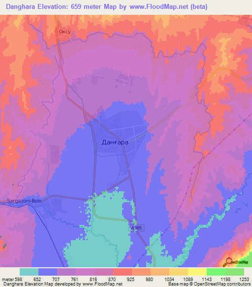 Danghara,Tajikistan Elevation Map
