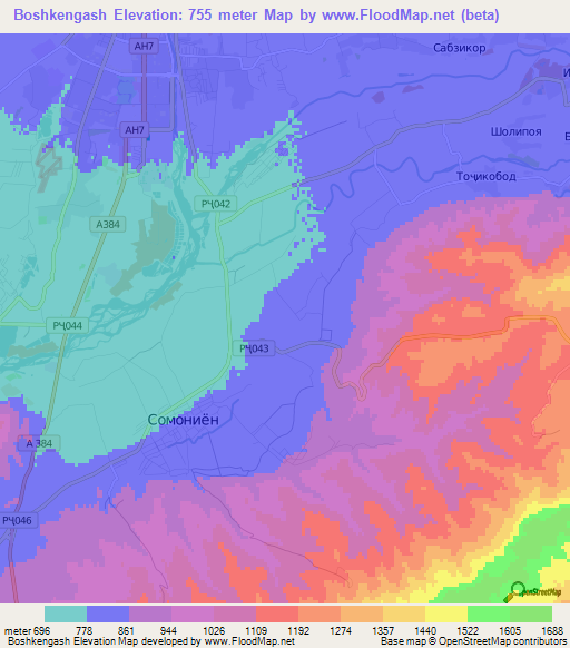 Boshkengash,Tajikistan Elevation Map