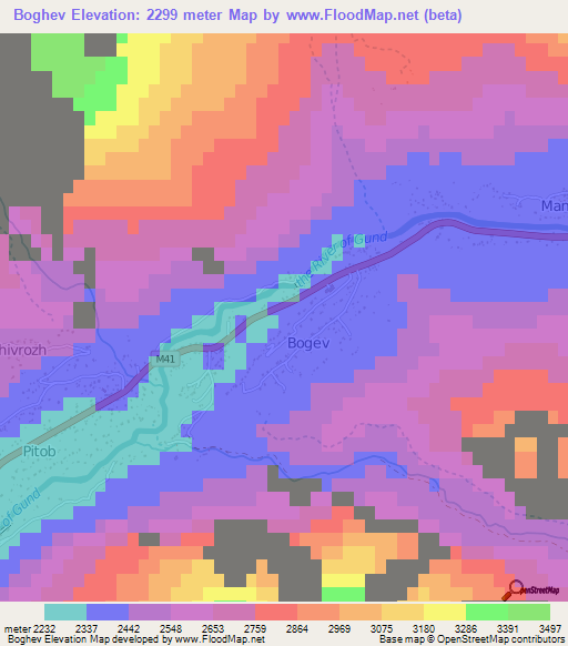 Boghev,Tajikistan Elevation Map