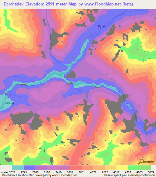 Barchadev,Tajikistan Elevation Map