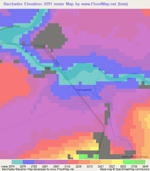 Barchadev,Tajikistan Elevation Map