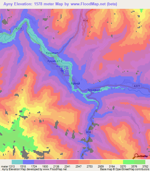 Ayny,Tajikistan Elevation Map