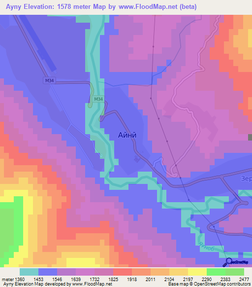 Ayny,Tajikistan Elevation Map