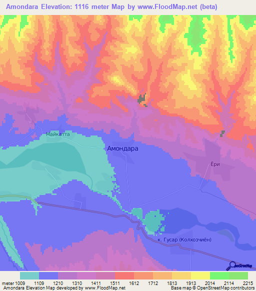 Amondara,Tajikistan Elevation Map
