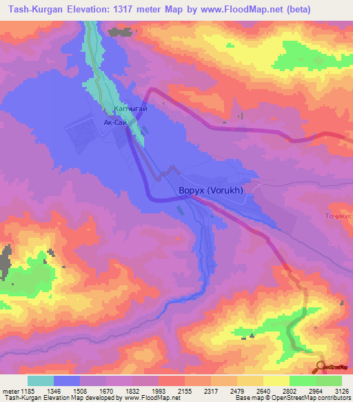 Tash-Kurgan,Kyrgyzstan Elevation Map