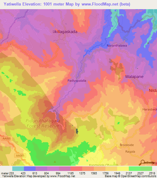 Yatiwella,Sri Lanka Elevation Map