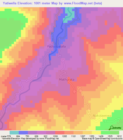 Yatiwella,Sri Lanka Elevation Map