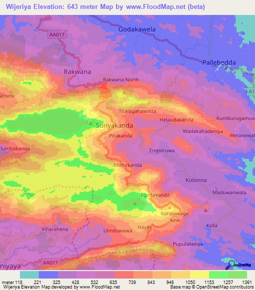 Wijeriya,Sri Lanka Elevation Map