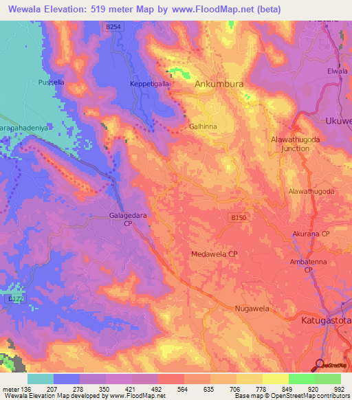 Wewala,Sri Lanka Elevation Map