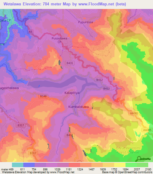 Wetalawa,Sri Lanka Elevation Map