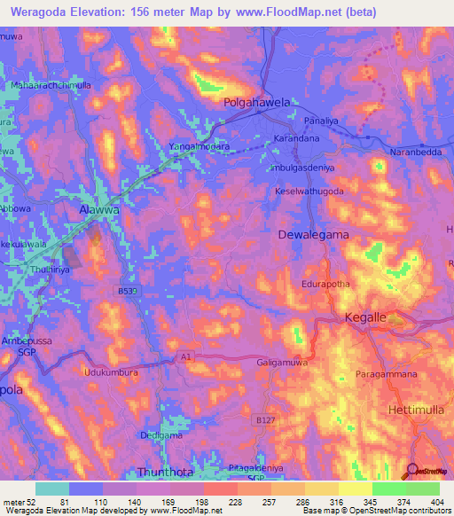 Weragoda,Sri Lanka Elevation Map