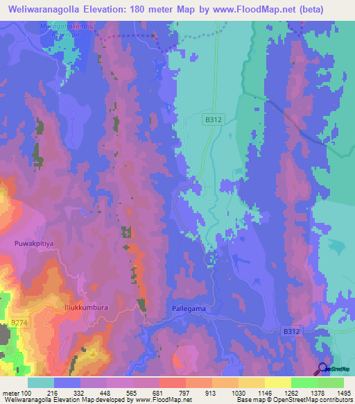 Weliwaranagolla,Sri Lanka Elevation Map