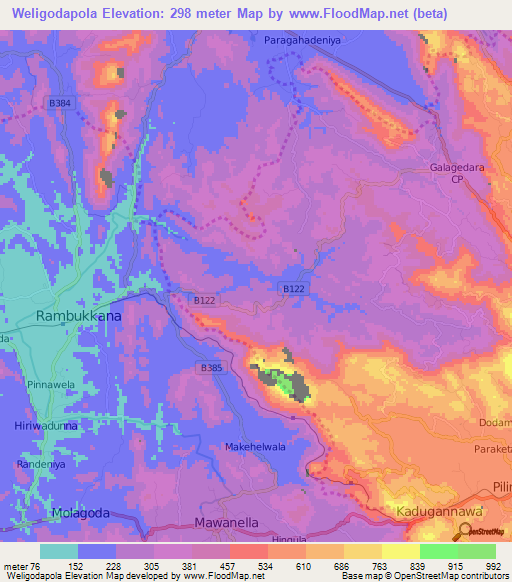 Weligodapola,Sri Lanka Elevation Map