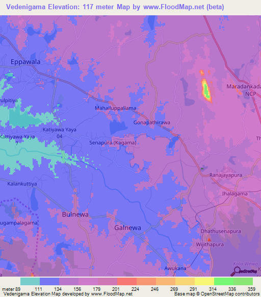 Vedenigama,Sri Lanka Elevation Map