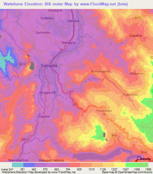 Wattehena,Sri Lanka Elevation Map