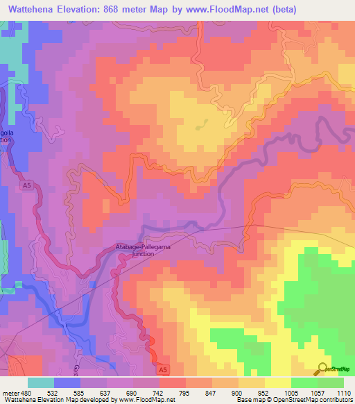 Wattehena,Sri Lanka Elevation Map