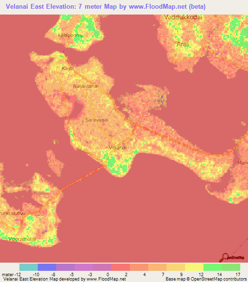 Velanai East,Sri Lanka Elevation Map