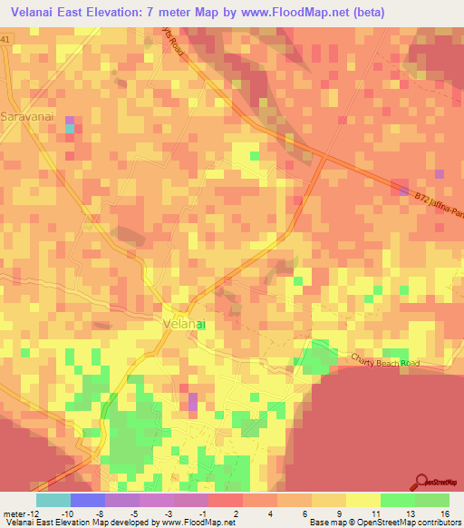 Velanai East,Sri Lanka Elevation Map