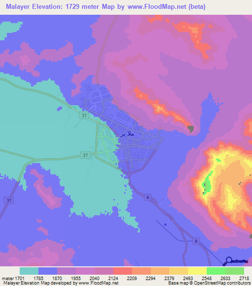 Malayer,Iran Elevation Map