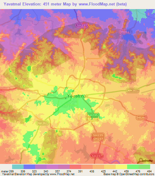 Yavatmal,India Elevation Map