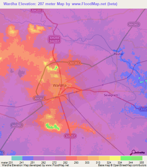 Wardha,India Elevation Map