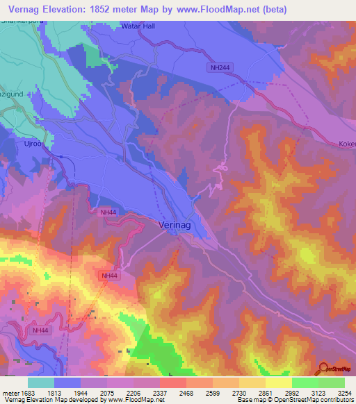 Vernag,India Elevation Map