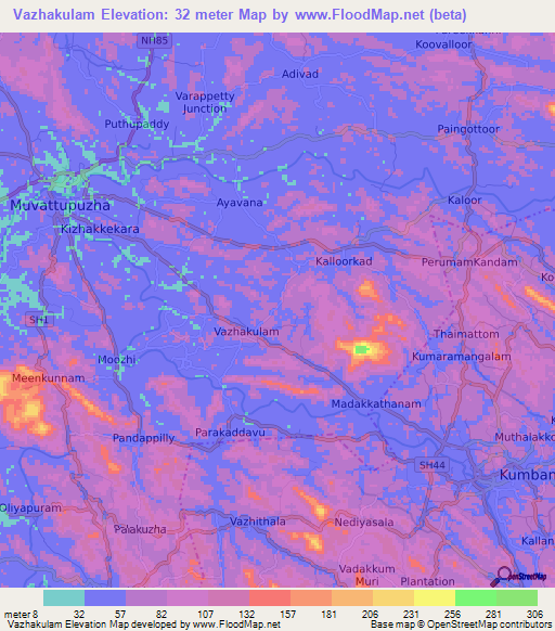 Vazhakulam,India Elevation Map