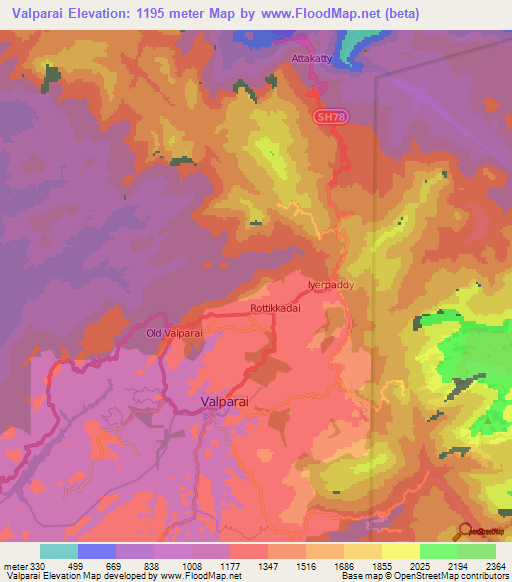 Valparai,India Elevation Map