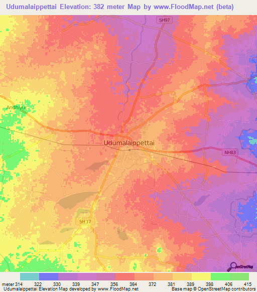 Udumalaippettai,India Elevation Map