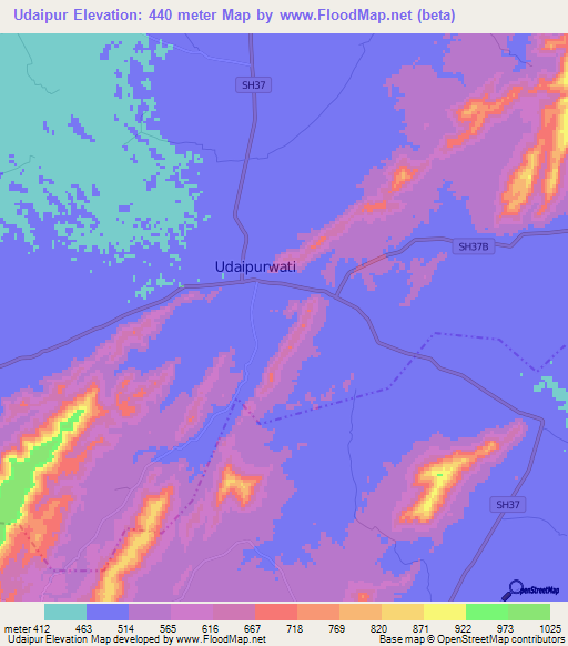 Udaipur,India Elevation Map