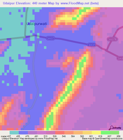 Udaipur,India Elevation Map