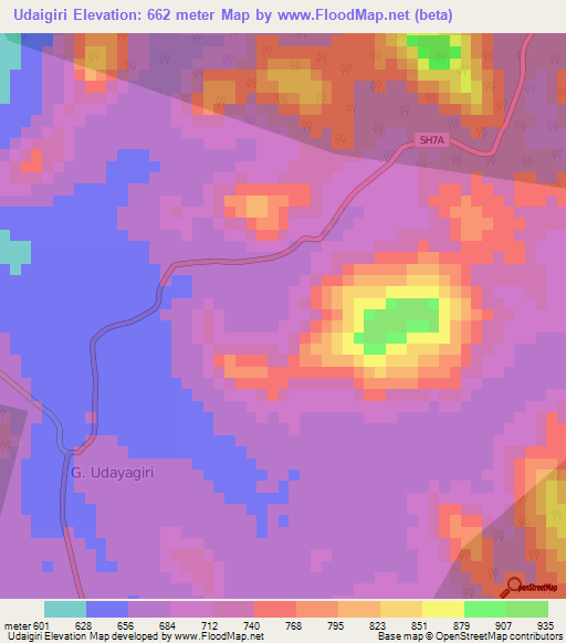 Udaigiri,India Elevation Map