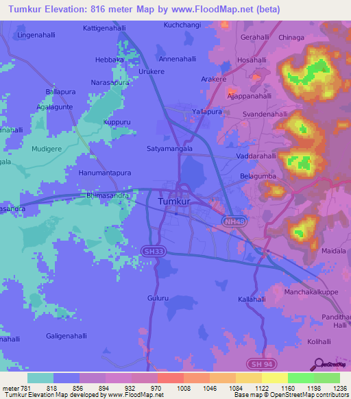 Tumkur,India Elevation Map
