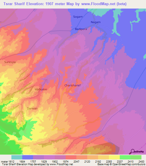 Tsrar Sharif,India Elevation Map