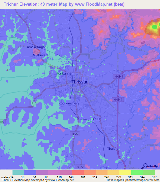 Trichur,India Elevation Map
