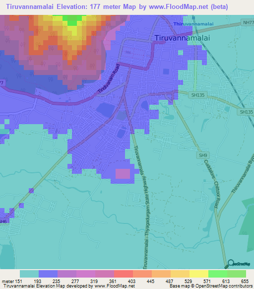 Tiruvannamalai,India Elevation Map