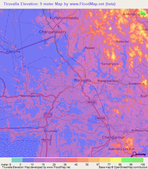Tiruvalla,India Elevation Map