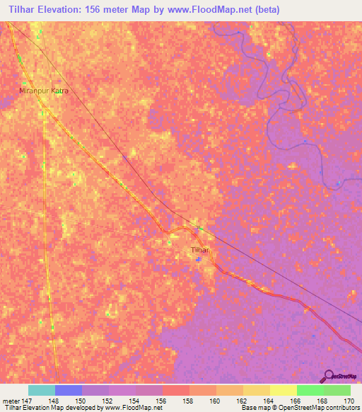 Tilhar,India Elevation Map