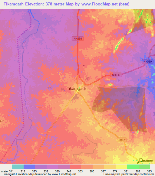 Tikamgarh,India Elevation Map