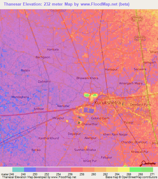 Thanesar,India Elevation Map