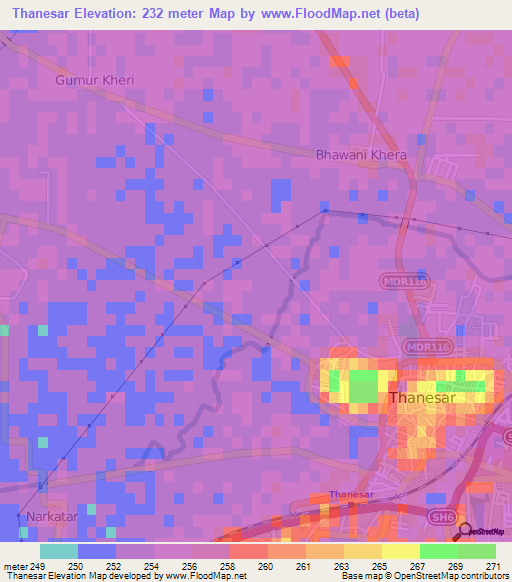 Thanesar,India Elevation Map