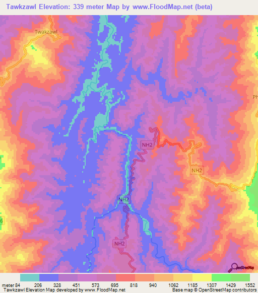 Tawkzawl,India Elevation Map